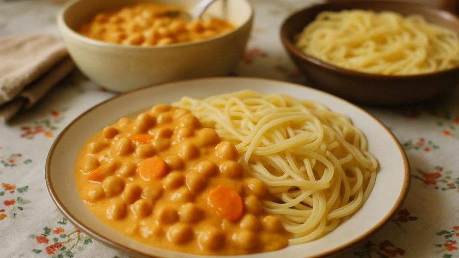 Strogonoff de Grão-de-Bico com Macarrão do João